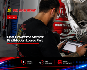 Fleet maintenance technician using a diagnostic tablet to troubleshoot a commercial service van engine inside a professional repair facility, with a branded mobile truck repair van and service equipment visible in the background.