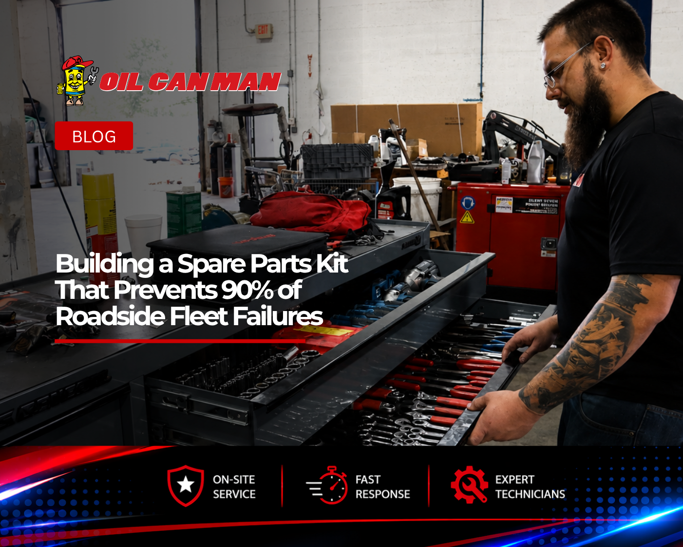 Fleet maintenance technician organizing tools from a professional service cart inside a commercial vehicle repair facility, with a service van, diagnostic equipment, and workshop tools visible in the background.