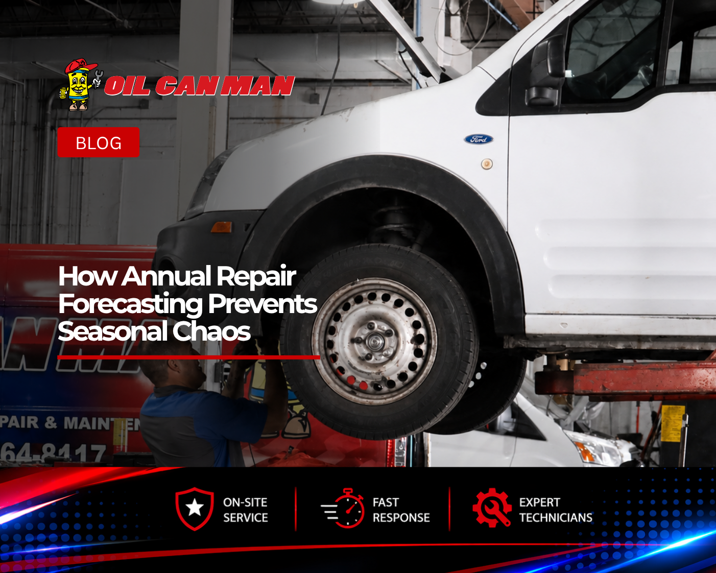 Commercial fleet technician performing maintenance on a raised Ford Transit service van inside a professional repair facility, with a mobile truck repair vehicle, service equipment, and workshop tools visible in the background.