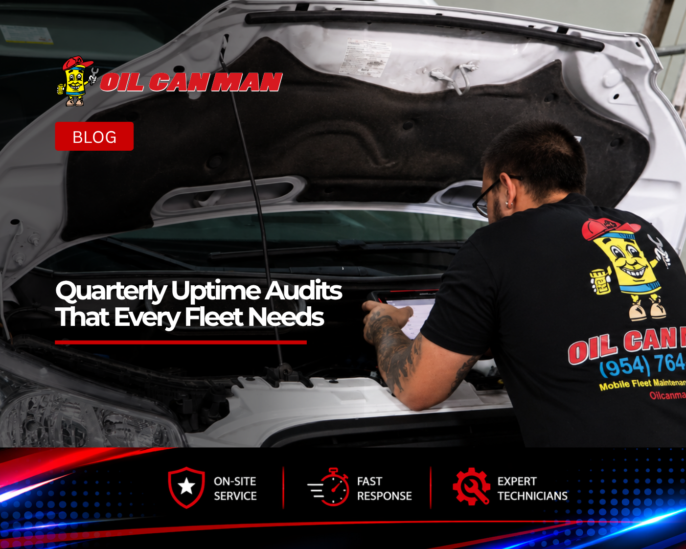 Fleet maintenance technician using a diagnostic tablet to troubleshoot a commercial Ford Transit service van engine, performing advanced vehicle diagnostics inside a professional fleet repair and maintenance facility.
