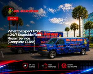 Oil Can Man mobile service trucks parked in a sunny lot with palm trees and a modern building, showcasing branded fleet repair and maintenance vehicles.