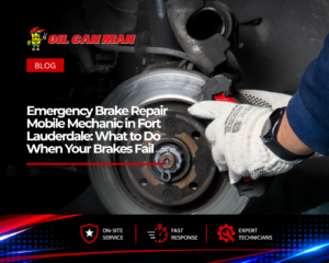 Technician performing brake pad replacement on a vehicle rotor with Oil Can Man branding, representing mobile fleet maintenance and emergency brake repair service in South Florida.