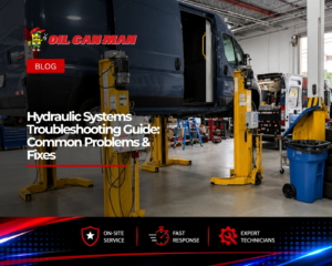 Dark blue commercial cargo van lifted inside a clean professional auto repair shop in Fort Lauderdale, FL, with hydraulic lifts and organized fleet maintenance equipment visible.