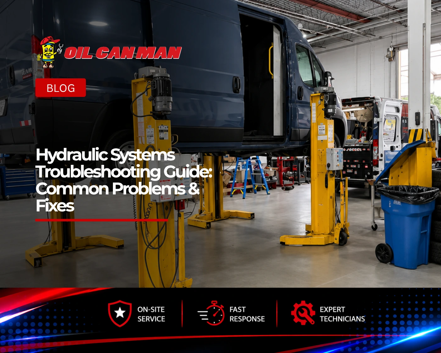 Dark blue commercial cargo van lifted inside a clean professional auto repair shop in Fort Lauderdale, FL, with hydraulic lifts and organized fleet maintenance equipment visible.