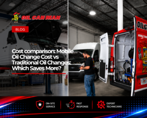 Professional mechanics performing an oil change service under a lifted vehicle in a clean auto repair shop in Fort Lauderdale, FL.