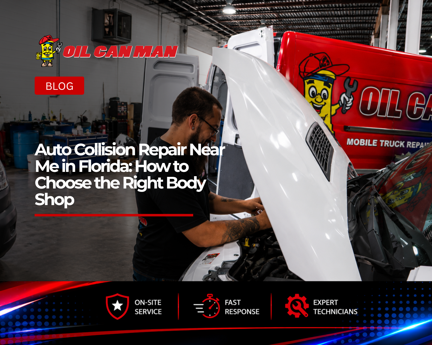 Technician performing vehicle maintenance and collision repair under a lifted car at Oil Can Man in South Florida with blog text about choosing the right auto body shop.