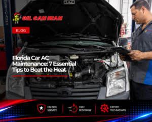 Technician performing florida car ac maintenance on a vehicle engine in South Florida for an Oil Can Man fleet maintenance blog.