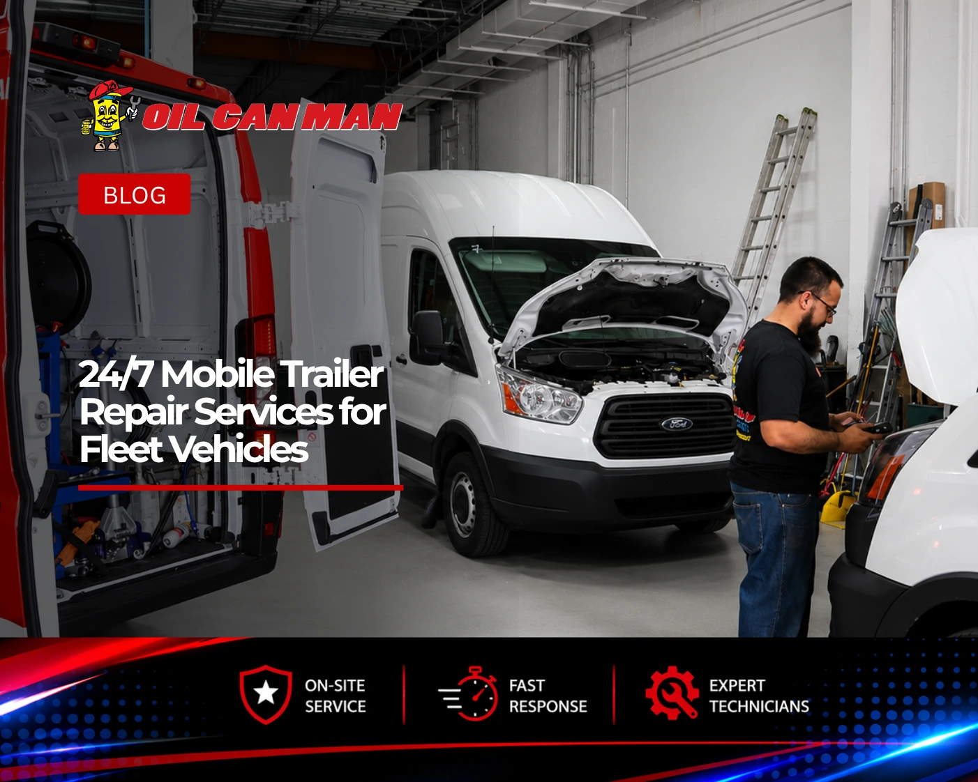 Oil Can Man technician performing professional truck engine and suspension maintenance on a red commercial vehicle inside an industrial repair facility.