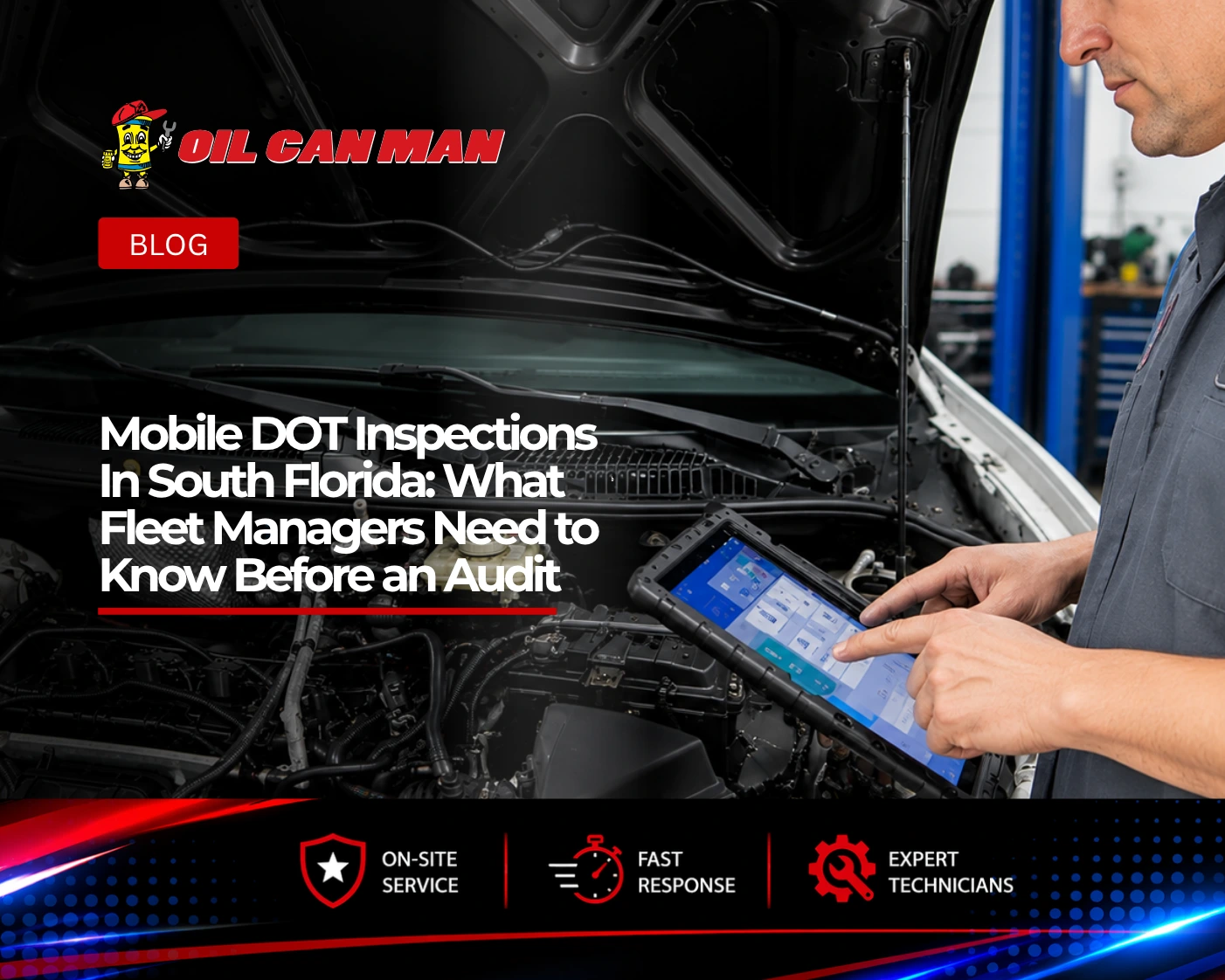 Automotive technician using a digital diagnostic tablet to inspect a vehicle engine in a professional repair shop, with the hood open and engine components visible during a maintenance and troubleshooting service.
