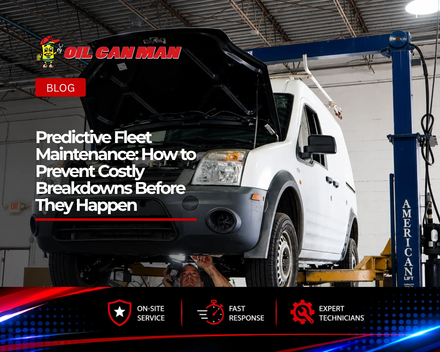 Technicians service white commercial vans inside a clean, professional automotive repair shop. In the foreground, a red mobile truck repair van with open rear doors is parked beside a white service van with its hood raised, while two mechanics work on vehicle maintenance. The bright industrial workspace features organized tools, ladders, and equipment, highlighting a busy fleet repair environment.