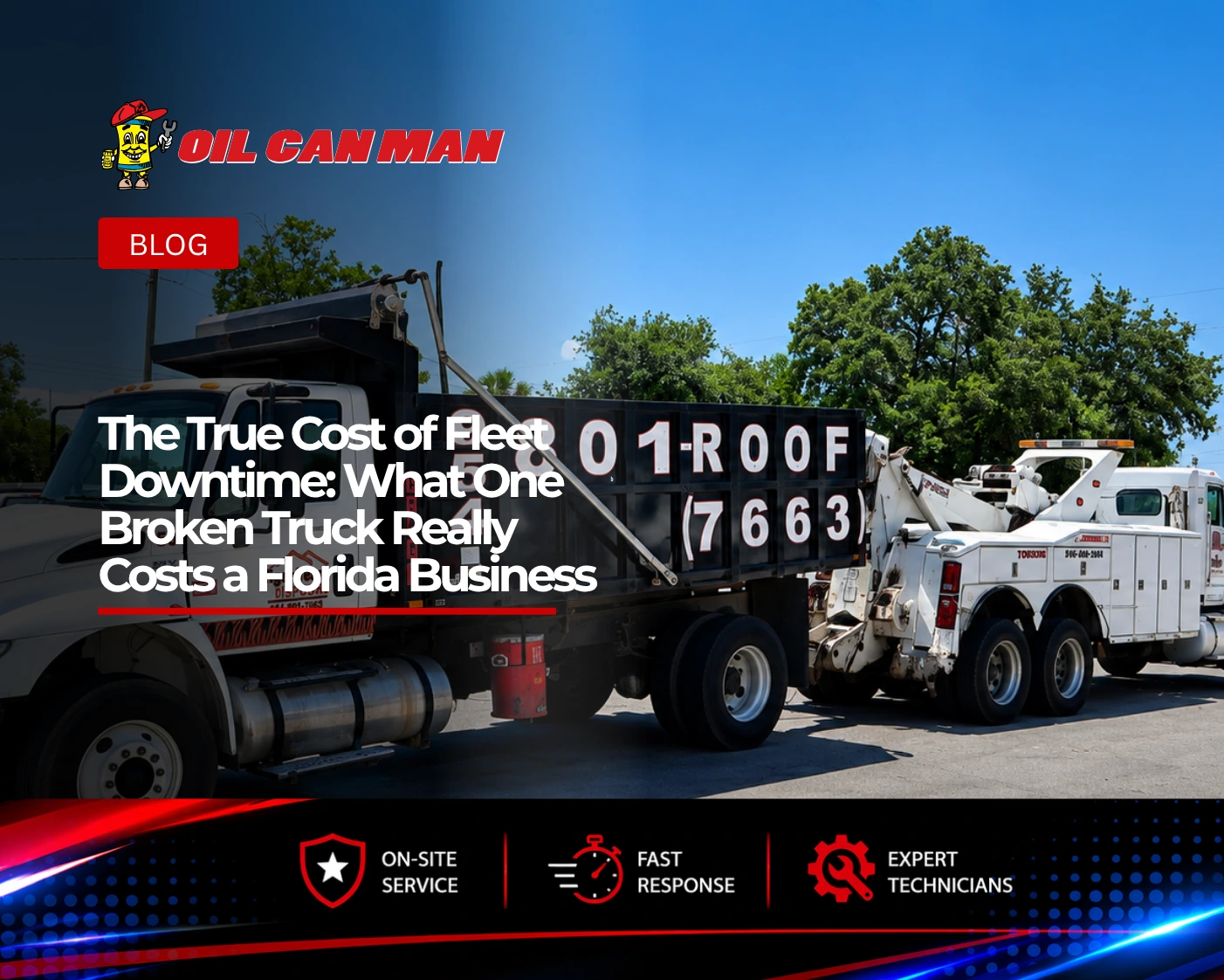 White commercial dump truck and heavy-duty tow truck parked in a fleet service yard on a sunny day, showcasing specialized work vehicles used for roofing, debris removal, towing, and commercial fleet operations.