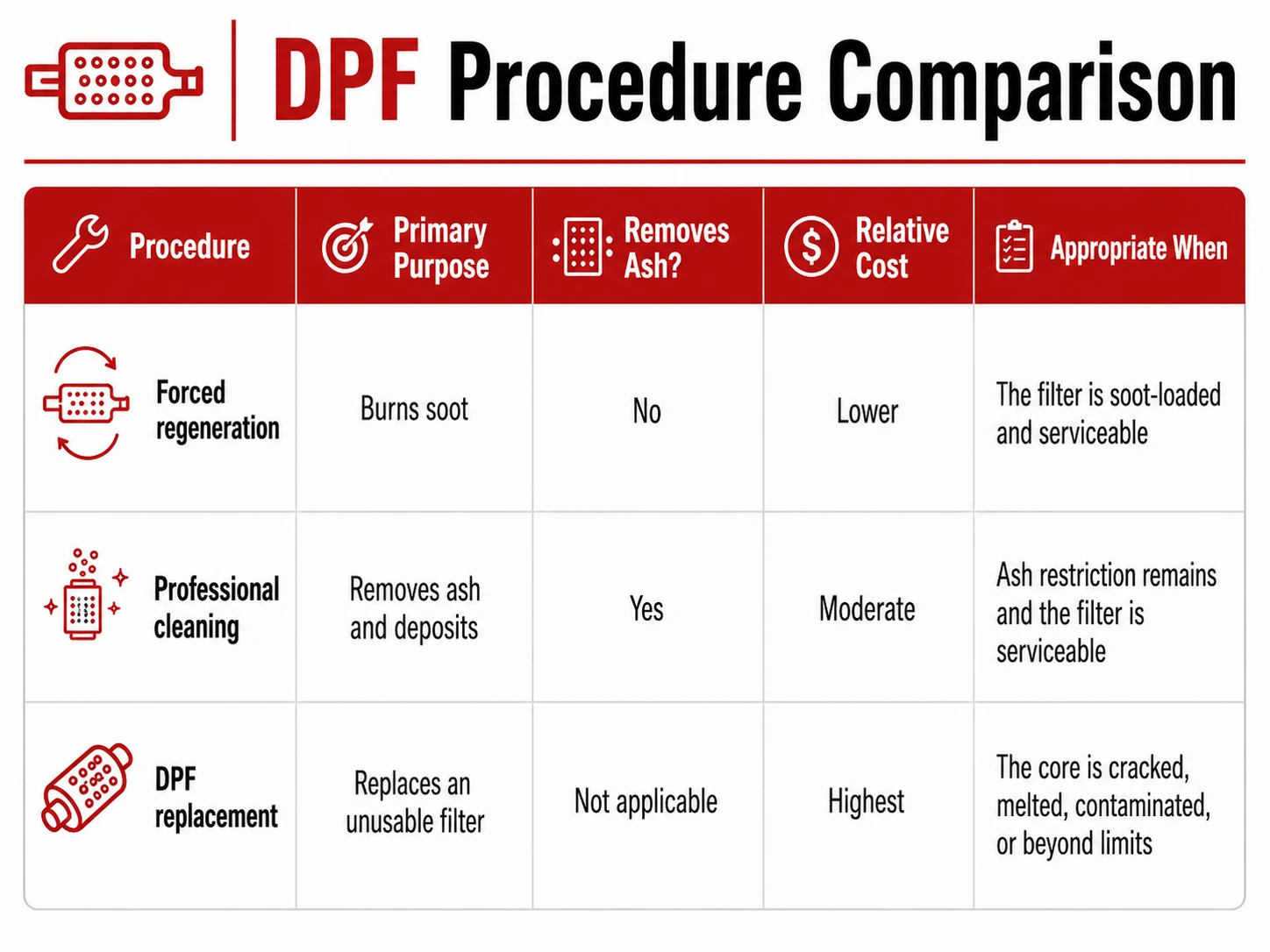 DPF procedure comparison chart showing forced regeneration, professional cleaning, and DPF replacement by purpose, ash removal, cost, and recommended use.