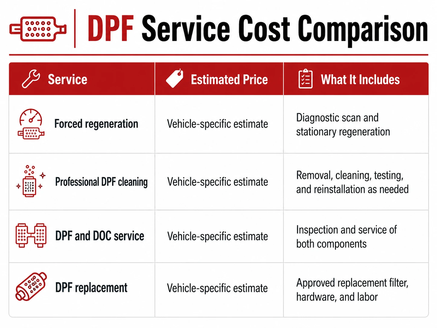 DPF service cost comparison chart showing forced regeneration, professional DPF cleaning, DPF and DOC service, and filter replacement with vehicle-specific estimates.