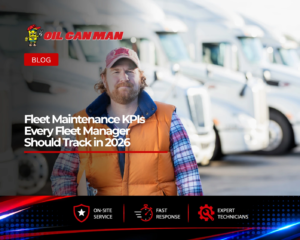Fleet manager reviewing fleet maintenance KPIs and vehicle performance metrics in front of a commercial truck fleet, highlighting uptime tracking, preventive maintenance compliance, cost-per-mile analysis, and fleet reliability management in 2026.