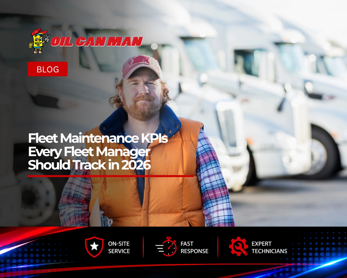 Fleet manager reviewing fleet maintenance KPIs and vehicle performance metrics in front of a commercial truck fleet, highlighting uptime tracking, preventive maintenance compliance, cost-per-mile analysis, and fleet reliability management in 2026.