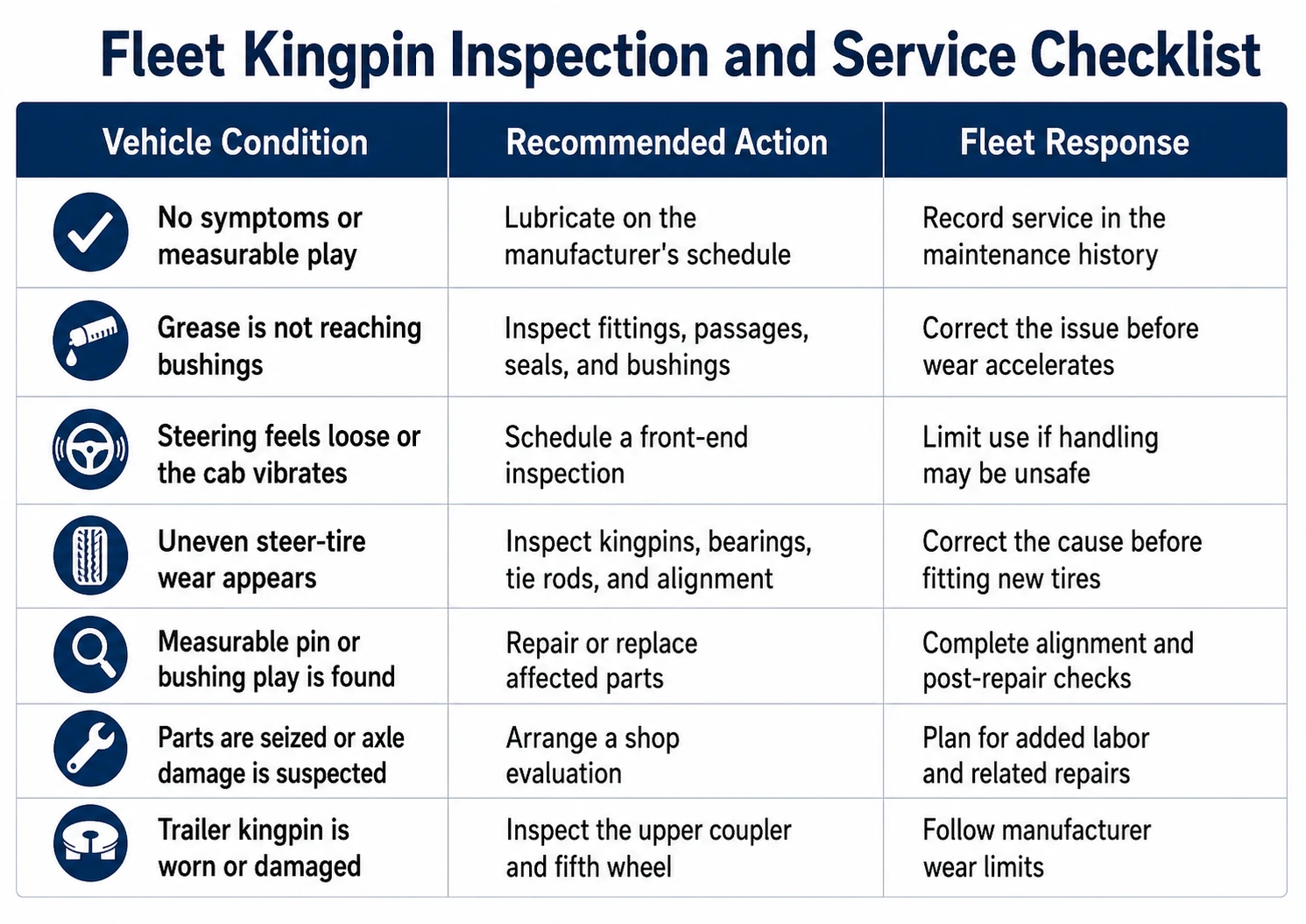 Fleet kingpin inspection and service checklist showing vehicle conditions, recommended repairs, lubrication needs, steering issues, tire wear, and fleet safety responses.
