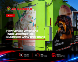 Two food trailers with bright commercial vehicle wraps and professional fleet graphics parked outdoors in South Florida.