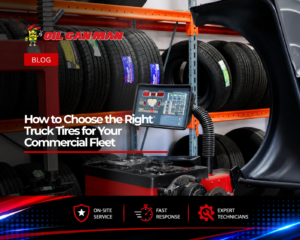 Commercial truck tires and professional tire balancing equipment at Oil Can Man’s Fort Lauderdale fleet service shop.