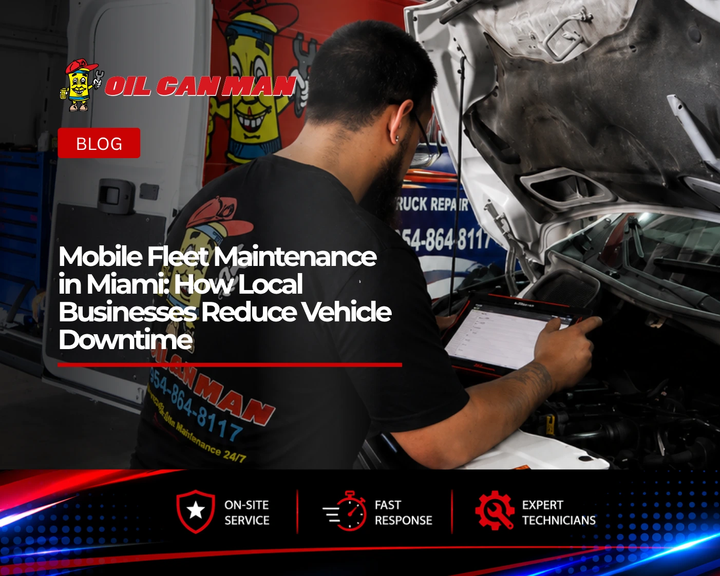 Mobile fleet maintenance technician performing vehicle diagnostics and preventive service on a commercial work van in Miami, helping local businesses reduce downtime and keep fleet vehicles operating efficiently.