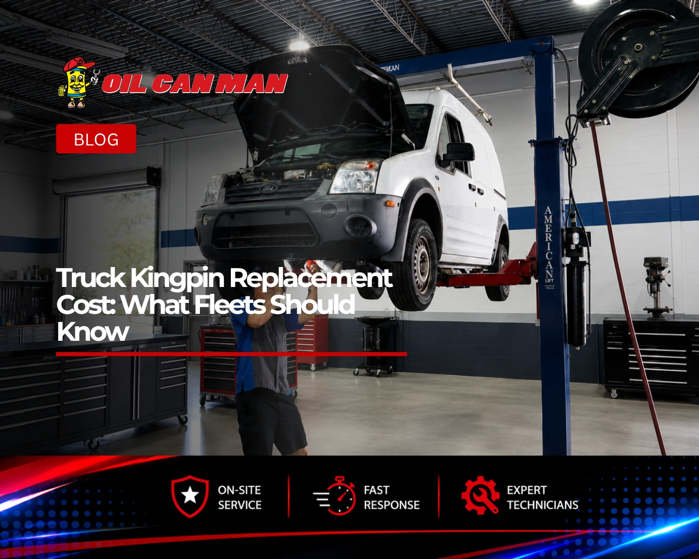 Mechanic performing a commercial van front-end inspection on a vehicle lift at a clean Fort Lauderdale fleet repair shop.