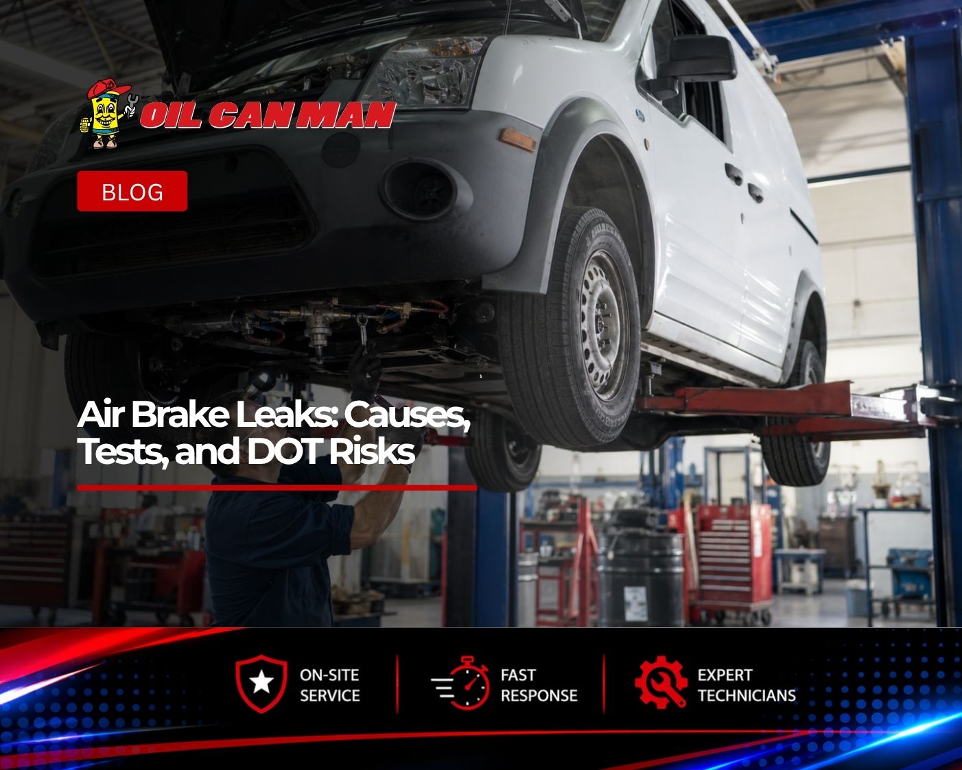 Commercial vehicle mechanic inspecting air brake lines, fittings, and undercarriage components beneath a raised work van in a professional fleet repair shop.
