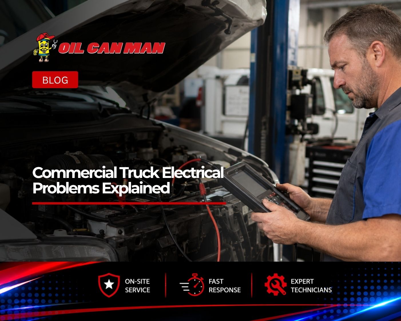 Commercial truck mechanic using a diagnostic scan tool and test leads to inspect electrical problems in an open engine bay at a fleet repair shop.