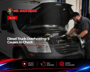Diesel truck mechanic inspecting the engine and cooling system of a white commercial van with the hood open inside a professional fleet repair shop.