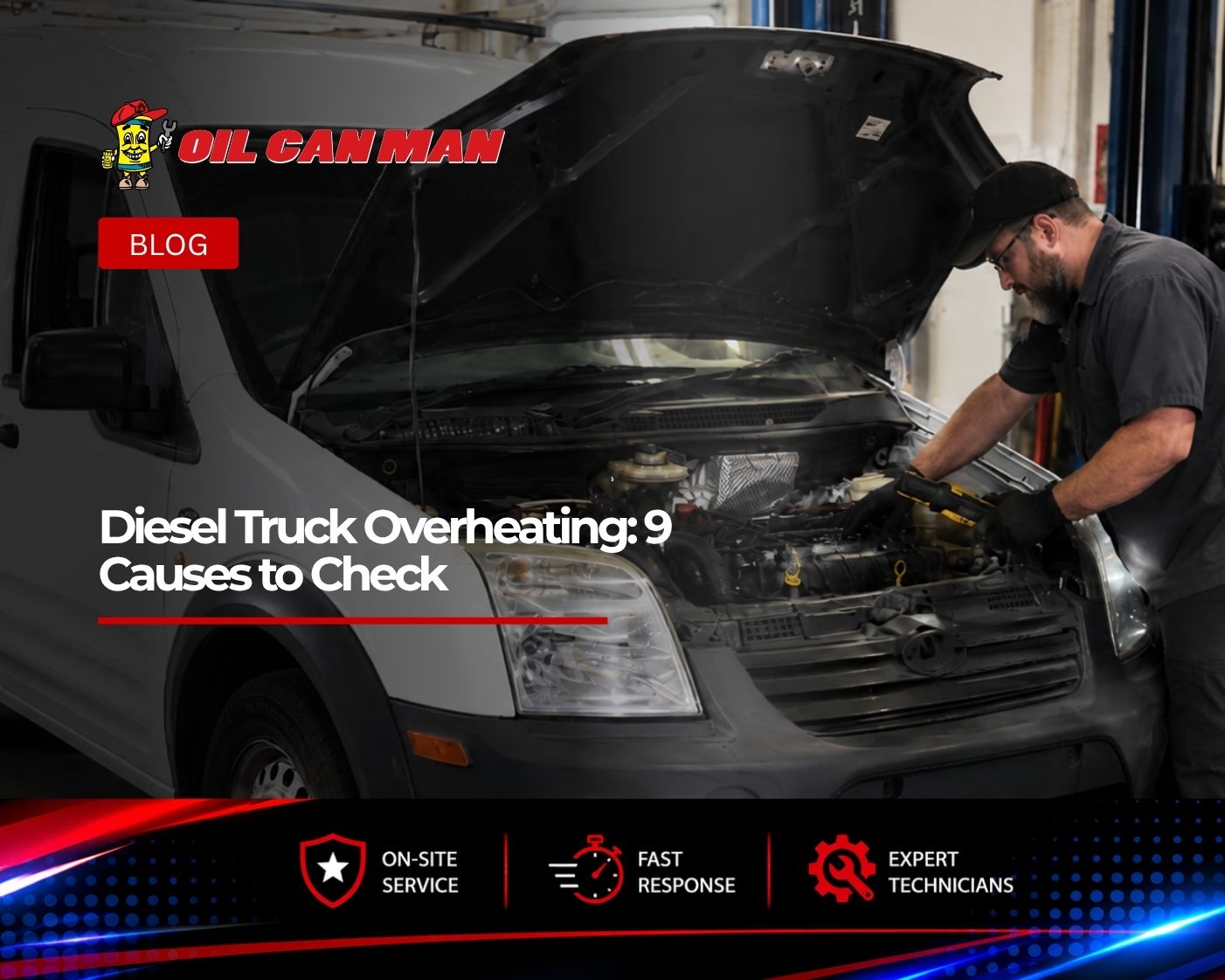 Diesel truck mechanic inspecting the engine and cooling system of a white commercial van with the hood open inside a professional fleet repair shop.