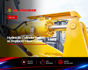 Oil Can Man featured image showing a yellow heavy-equipment hydraulic cylinder for a fleet guide about hydraulic cylinder repair or replacement.