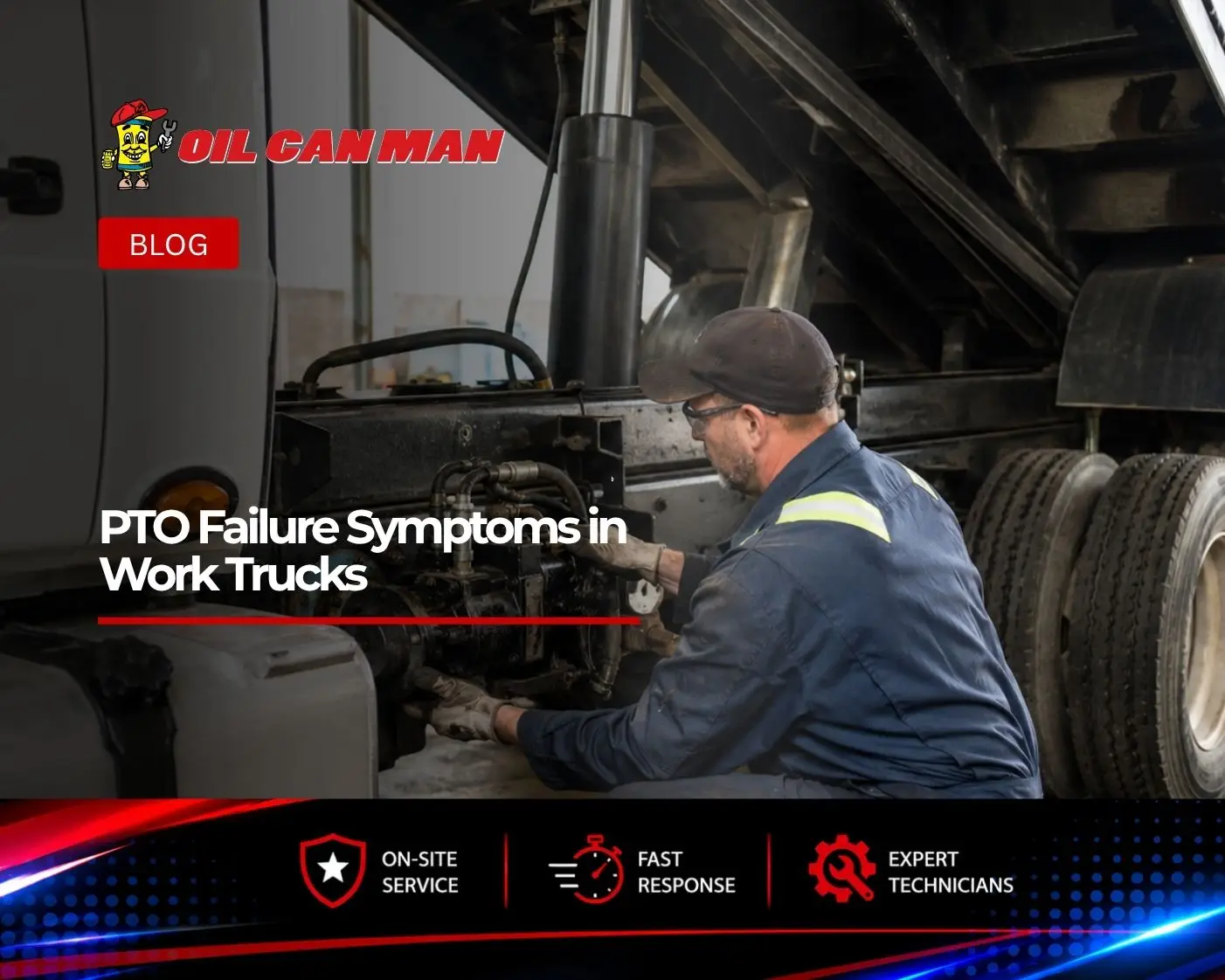 Mechanic inspecting the PTO and hydraulic pump system on a commercial dump truck with the bed raised inside a professional repair facility.