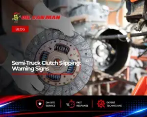 Oil Can Man technician holding a semi-truck clutch disc during repair, illustrating common clutch slipping warning signs and heavy-duty clutch service.