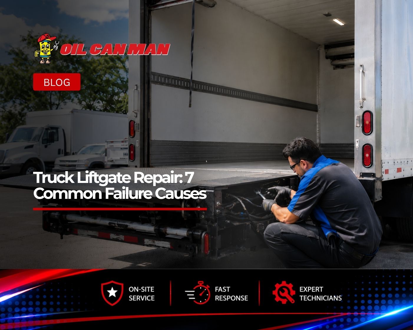 Commercial truck mechanic inspecting and repairing a hydraulic liftgate on the rear of a box truck in an outdoor fleet service area.