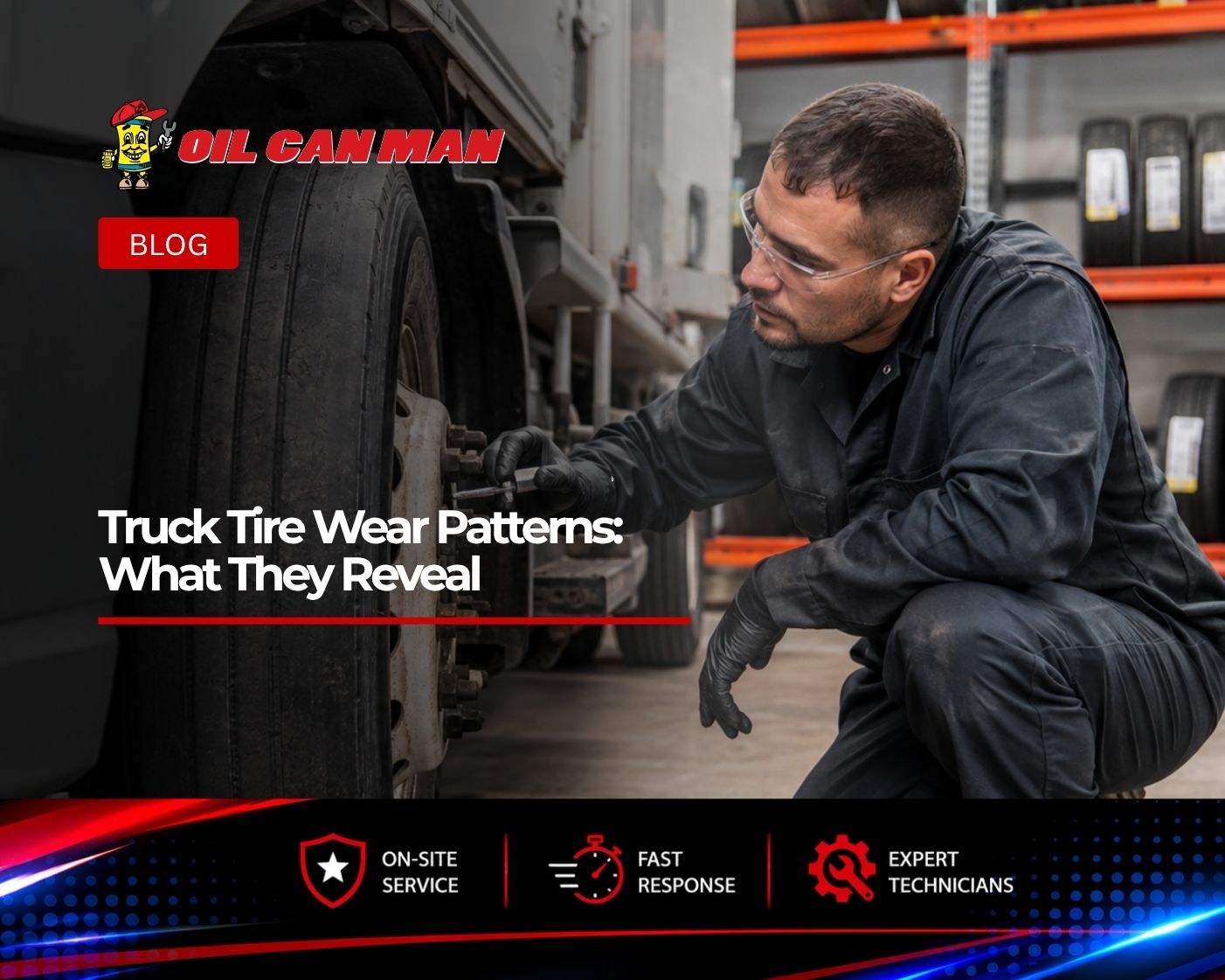 Commercial truck mechanic inspecting uneven tire tread wear with a tread depth gauge inside a professional fleet tire service shop.
