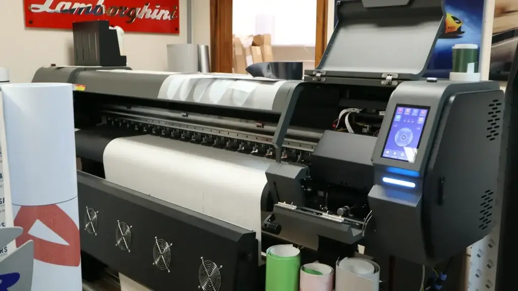 Wide format printer producing banners and vehicle graphics in the Oil Can Man graphics department