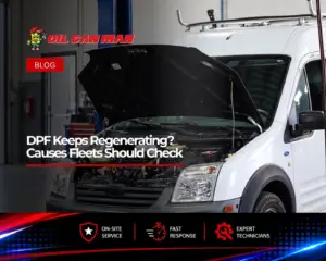 White commercial cargo van with the hood open inside a clean professional fleet repair shop, ready for engine inspection and maintenance.