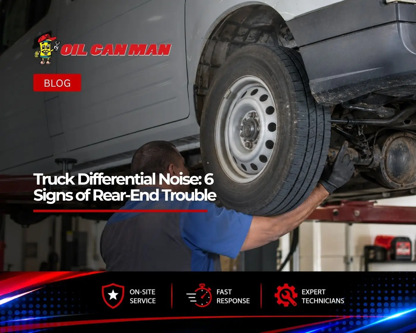 Mechanic inspecting the rear axle and differential of a raised commercial work van inside a professional fleet repair shop.