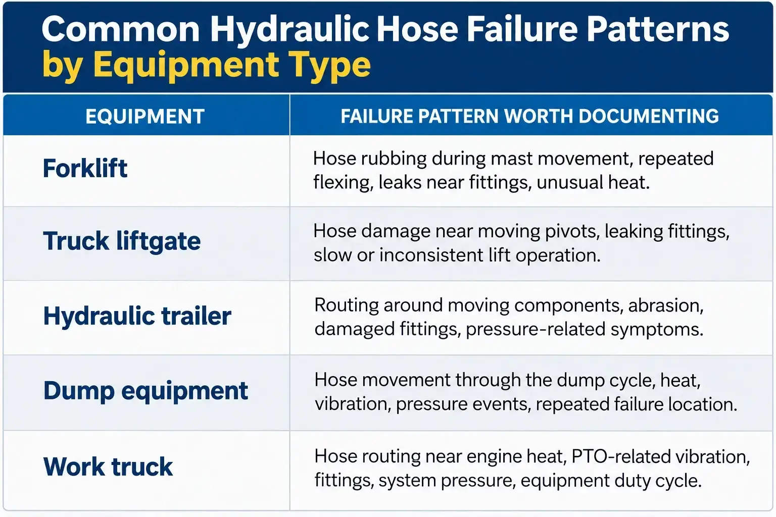 Hydraulic hose failure patterns by equipment type, including forklifts, truck liftgates, hydraulic trailers, dump equipment, and work trucks.