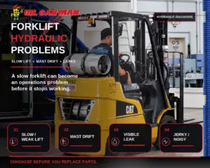 Oil Can Man forklift hydraulic repair infographic showing a CAT forklift in a service shop, highlighting slow lift, mast drift, hydraulic leaks, jerky movement, and possible system issues requiring diagnosis.