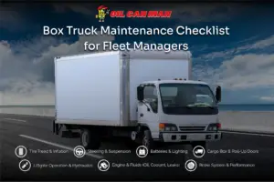 Box truck maintenance checklist infographic highlighting tire tread and inflation, steering and suspension, batteries and lighting, liftgate hydraulics, engine fluids, brakes, and cargo box doors for fleet managers.
